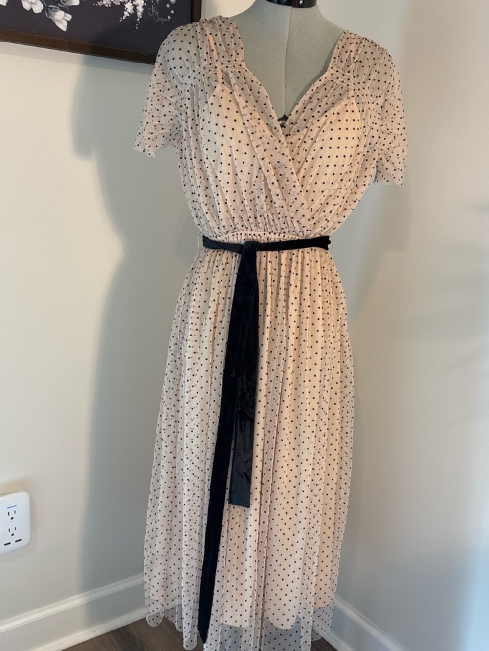 Polka Dot V-Neck Midi Dress with Black Velvet Tie